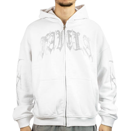 Favela Ribcage Rhinestone White Front Zip Hoodie FAV-2024-Q4-00115-