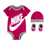 Nike Futura Logo Hat Bodysuit Bootie 3-Teile Set 0-6 Monate LN0073-A4Y - pink-weiss-grau